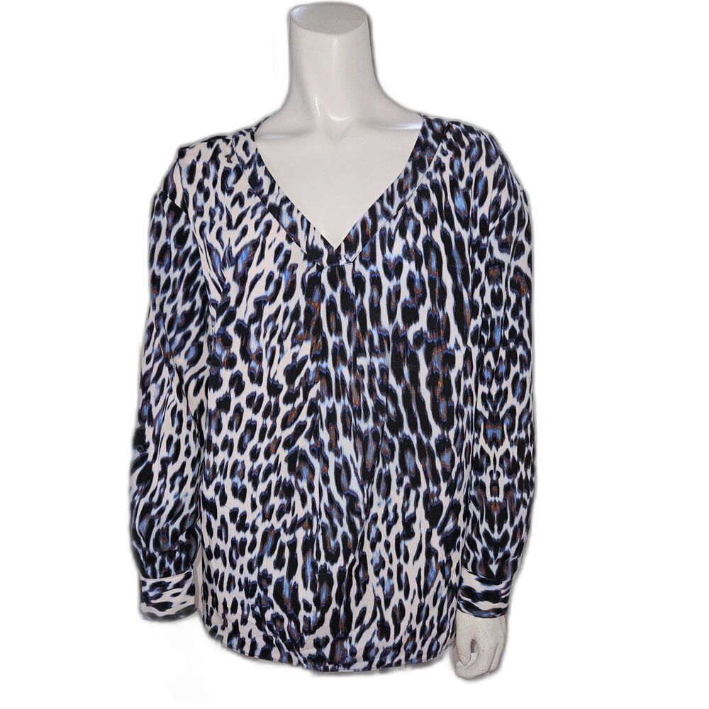 Worthigton Petite Blue Leopard Print Long Sleeve Blouse Womens Size PL